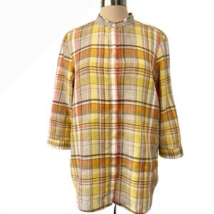Lafatette 148 NY 100% Linen Autumnal Plaid Button Down Tunic Size L Fall Casual